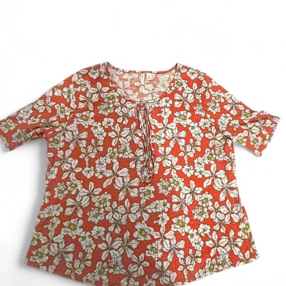 Cato Floral Blouse Size XL Red White Tie Neck Short Sleeve